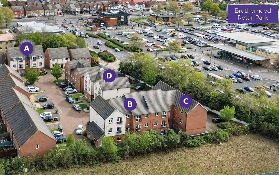 Blocks A to D with Brotherhood Retail Park beyond