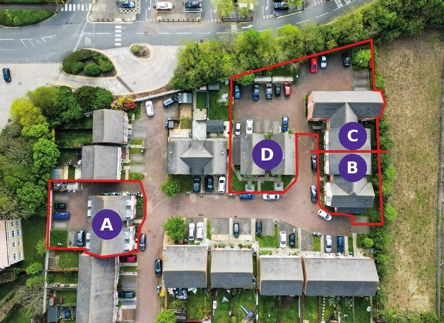 Aerial view of Frederick Drive with the four apartment blocks marked A, B, C and D